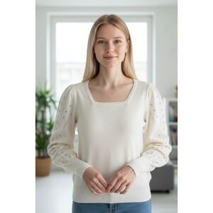 Carmen‎ Marc Valvo Cream Embellished Studded Puff Sleeve Knit Sweater Sz XS